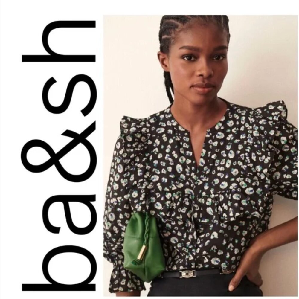 ba&sh Blake Blouse Long Sleeve Cotton Button Front Top Leopard Print  Black XS